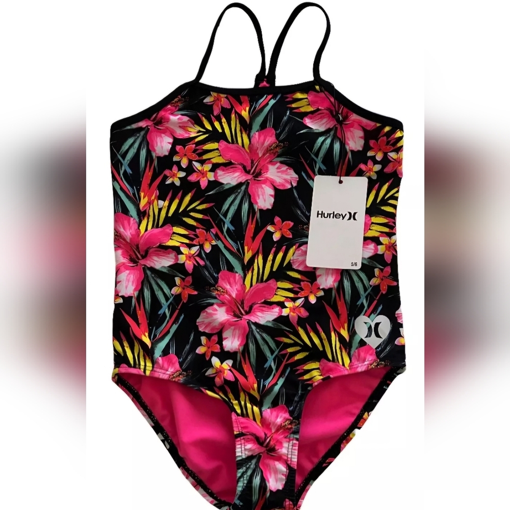 Hurley Girls Pink Floral One Piece Floral Swimsuit Sz 5/6 NWT